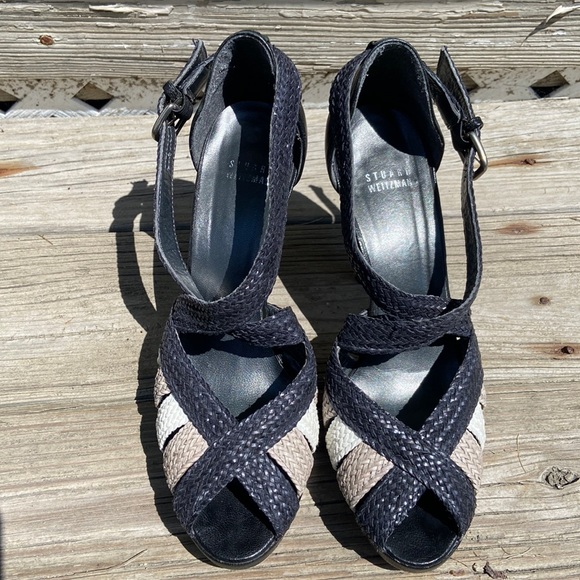 Rare! Stuart Weitzman Smooth + Woven Leather Stiletto Sandals Women's Size 9.5 - Picture 3 of 15